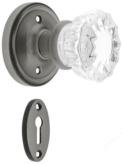 Classic Rosette Mortise Lock Set With Fluted Crystal Door Knobs in Antique Pewter.